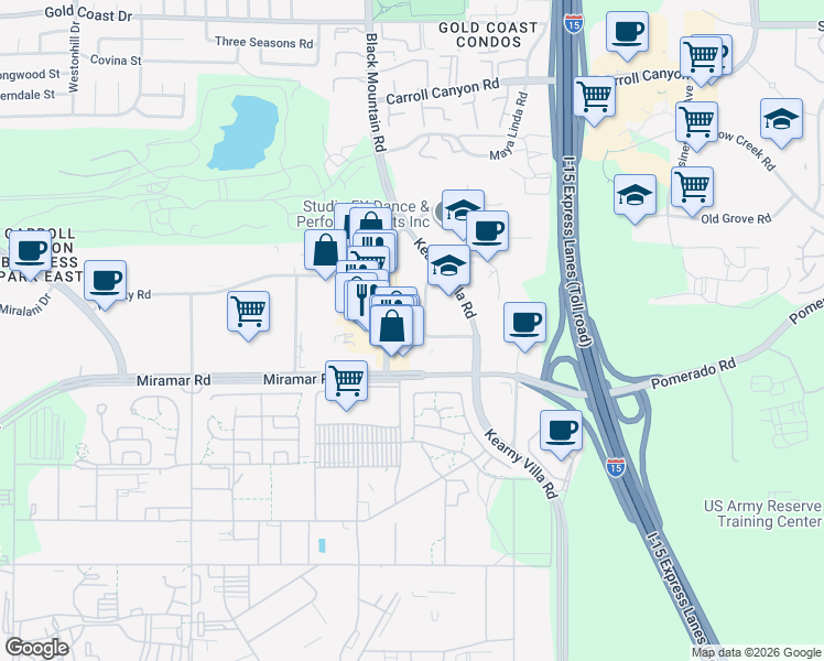 map of restaurants, bars, coffee shops, grocery stores, and more near 9469 Black Mountain Road in San Diego
