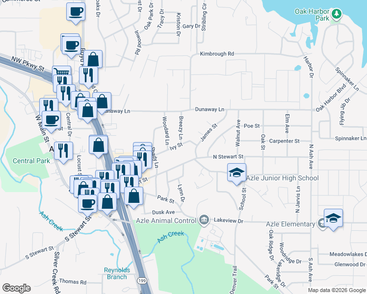 map of restaurants, bars, coffee shops, grocery stores, and more near 624 Ivy Street in Azle