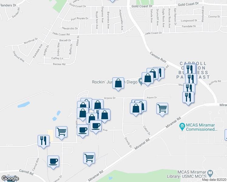 map of restaurants, bars, coffee shops, grocery stores, and more near 7940 Arjons Drive in San Diego