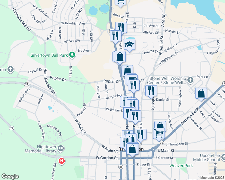 map of restaurants, bars, coffee shops, grocery stores, and more near 506 Oak Street in Thomaston