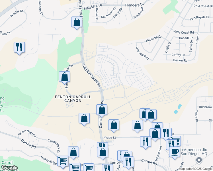map of restaurants, bars, coffee shops, grocery stores, and more near 10411 Walden Way in San Diego