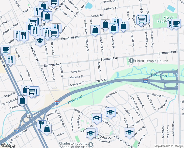map of restaurants, bars, coffee shops, grocery stores, and more near 1509 Marietta Street in North Charleston