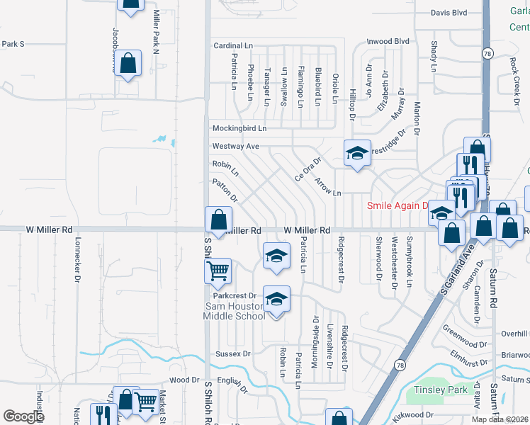 map of restaurants, bars, coffee shops, grocery stores, and more near 1913 Robin Lane in Garland