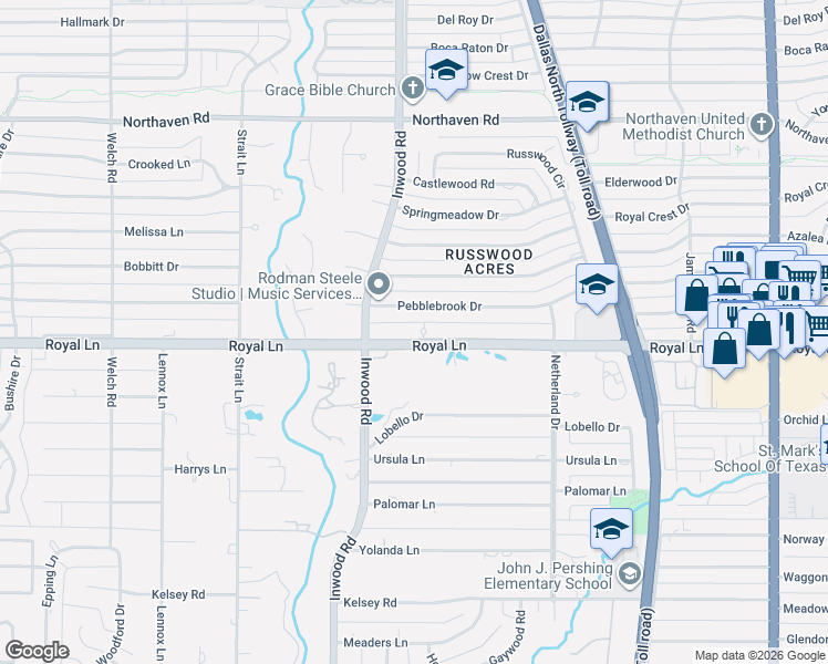 map of restaurants, bars, coffee shops, grocery stores, and more near 5223 Royal Lane in Dallas
