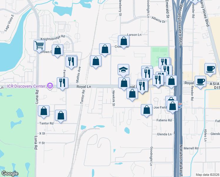 map of restaurants, bars, coffee shops, grocery stores, and more near 11341 Newkirk Street in Dallas
