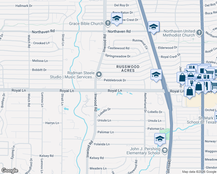 map of restaurants, bars, coffee shops, grocery stores, and more near 5223 Royal Lane in Dallas