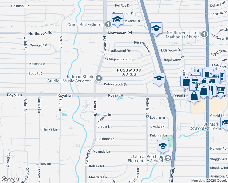map of restaurants, bars, coffee shops, grocery stores, and more near 5223 Royal Lane in Dallas