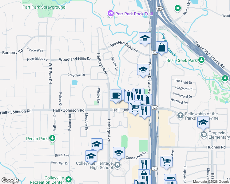 map of restaurants, bars, coffee shops, grocery stores, and more near 3328 Wilshire Avenue in Grapevine