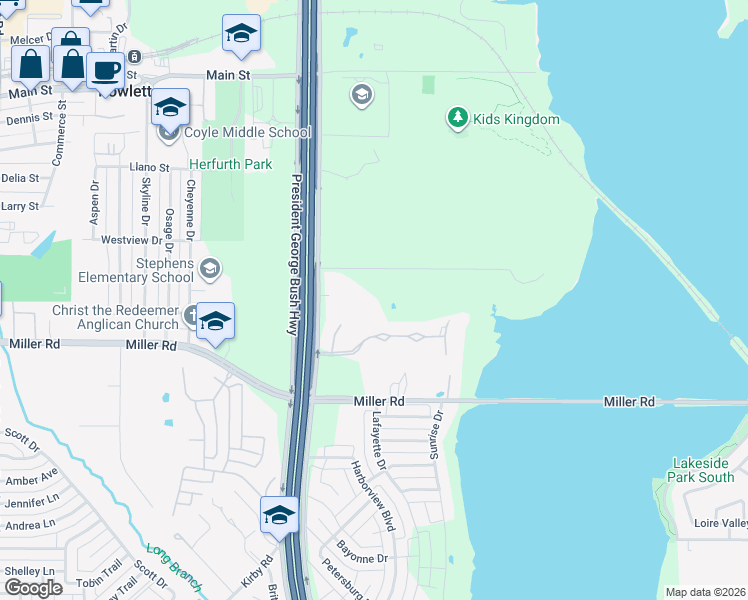 map of restaurants, bars, coffee shops, grocery stores, and more near 5106 Miller Heights Drive in Rowlett