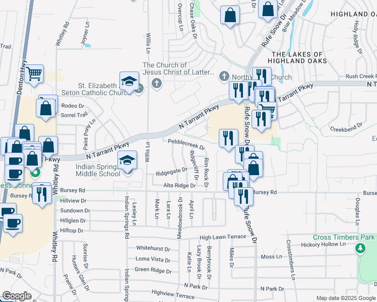 map of restaurants, bars, coffee shops, grocery stores, and more near 2106 Ridgecliff Drive in Keller