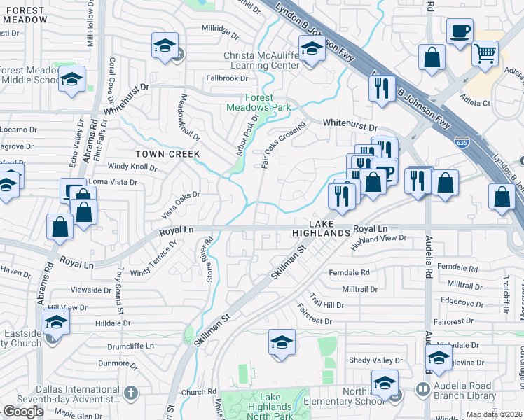map of restaurants, bars, coffee shops, grocery stores, and more near 8415 Coppertowne Lane in Dallas