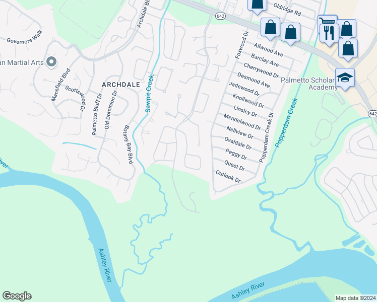 map of restaurants, bars, coffee shops, grocery stores, and more near 7857 Montview Road in North Charleston