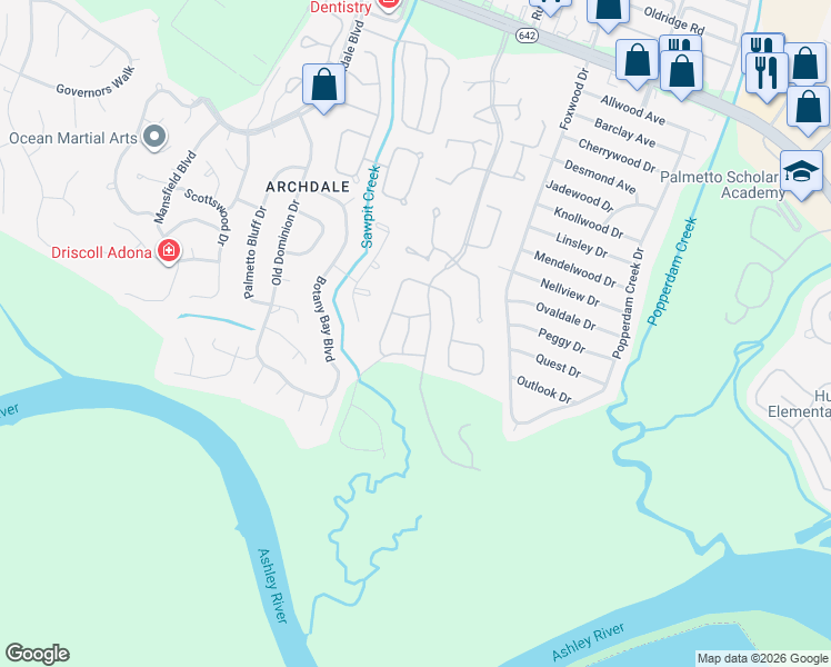 map of restaurants, bars, coffee shops, grocery stores, and more near 7956 Weld Street in North Charleston
