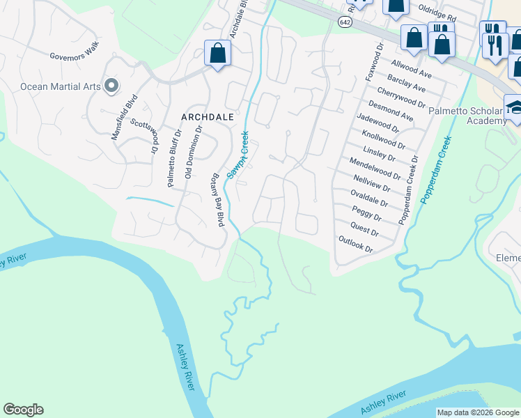 map of restaurants, bars, coffee shops, grocery stores, and more near 7956 Weld Street in North Charleston