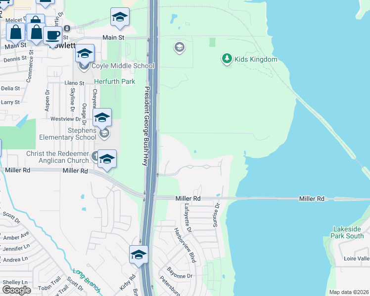 map of restaurants, bars, coffee shops, grocery stores, and more near 5106 Miller Heights Drive in Rowlett