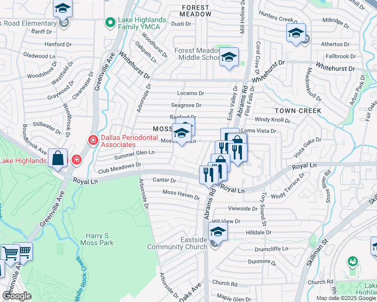 map of restaurants, bars, coffee shops, grocery stores, and more near 8421 Stable Glen Drive in Dallas