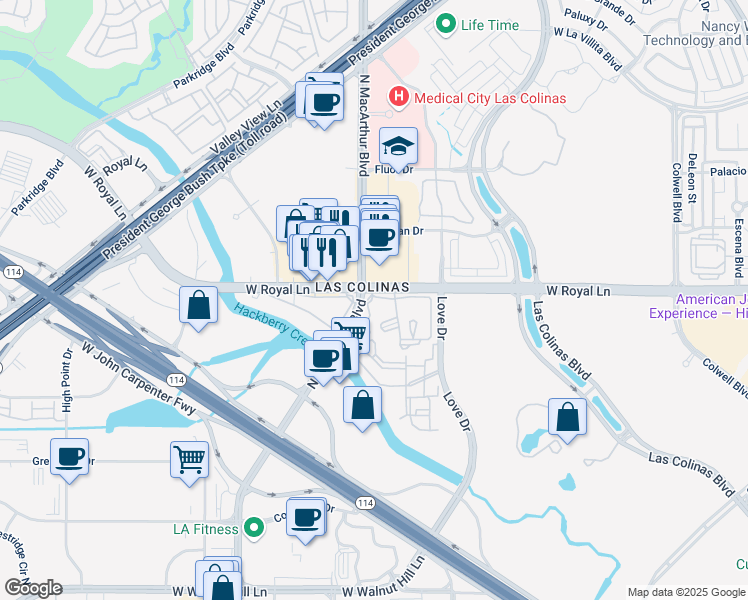 map of restaurants, bars, coffee shops, grocery stores, and more near 6306 North MacArthur Boulevard in Irving