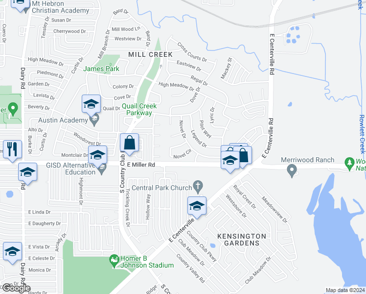 map of restaurants, bars, coffee shops, grocery stores, and more near 1622 Novel Place in Garland