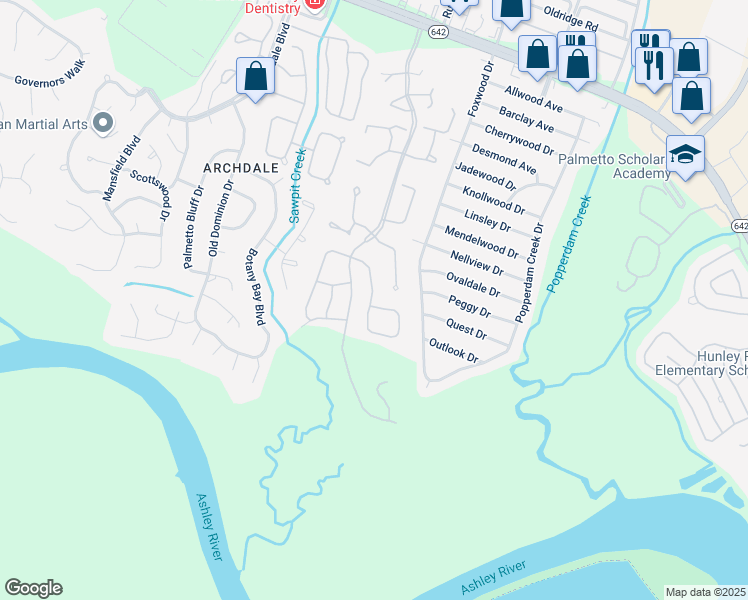 map of restaurants, bars, coffee shops, grocery stores, and more near 7857 Montview Road in North Charleston