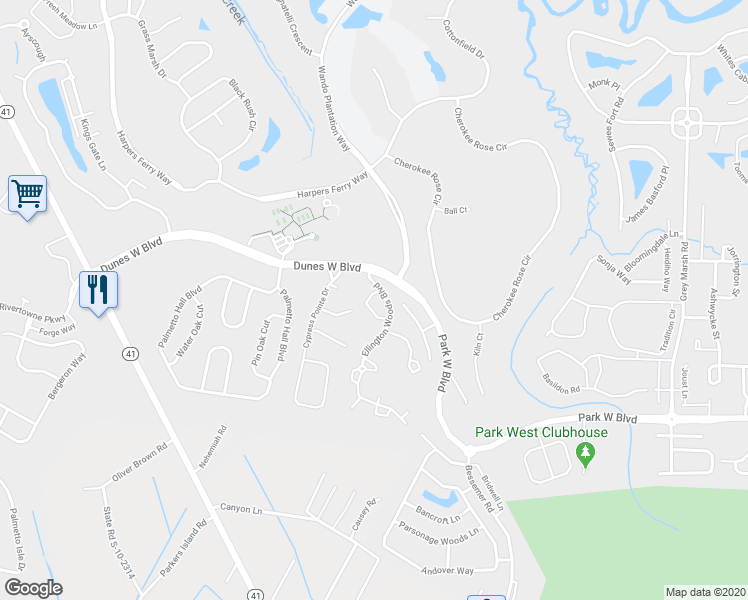 map of restaurants, bars, coffee shops, grocery stores, and more near 1742 Wyngate Circle in Mount Pleasant