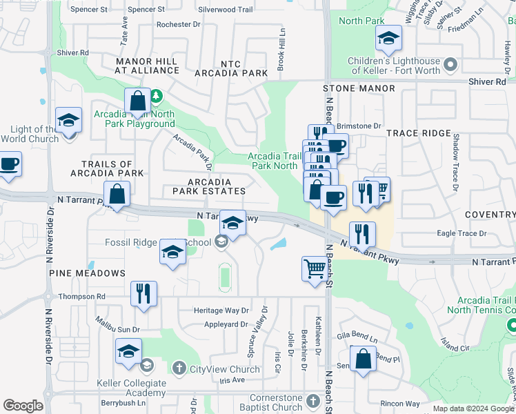 map of restaurants, bars, coffee shops, grocery stores, and more near 4266 Cave Cove Court in Fort Worth