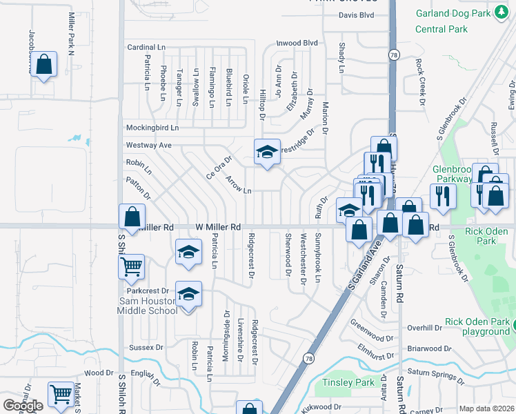 map of restaurants, bars, coffee shops, grocery stores, and more near 1921 Hilltop Drive in Garland