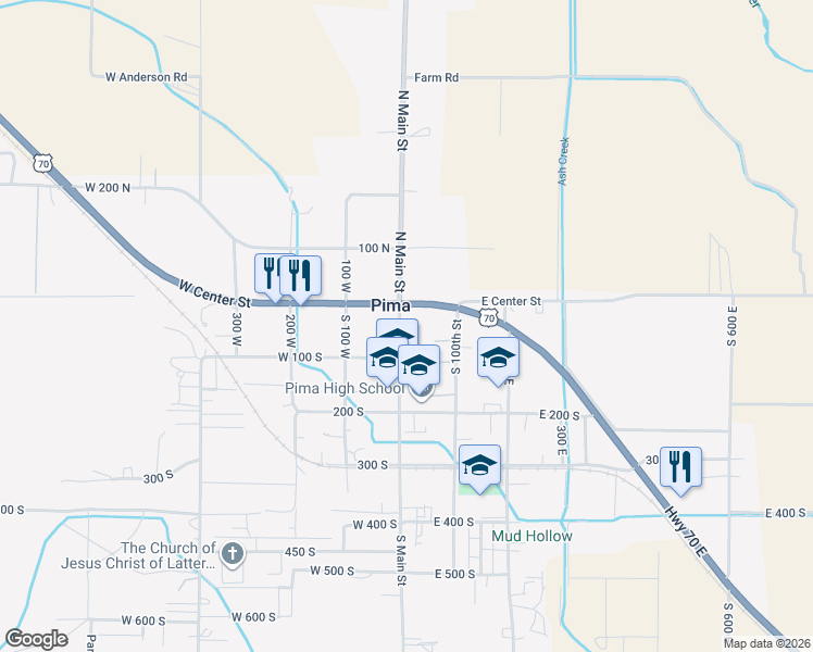 map of restaurants, bars, coffee shops, grocery stores, and more near 1-99 S Main St in Pima