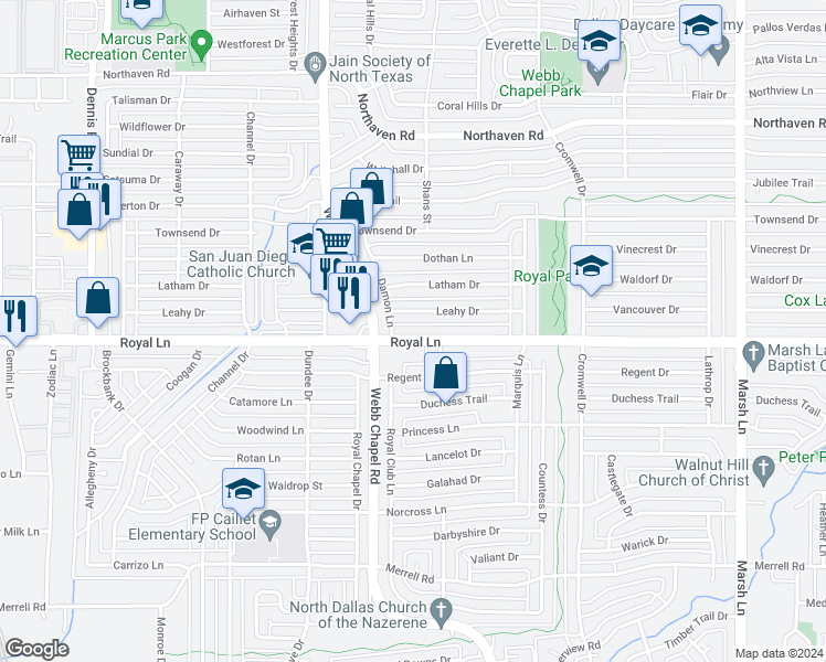 map of restaurants, bars, coffee shops, grocery stores, and more near 3221 Royal Lane in Dallas