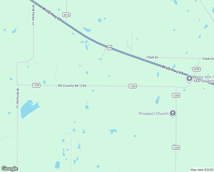 map of restaurants, bars, coffee shops, grocery stores, and more near County Road 1235 in East Tawakoni