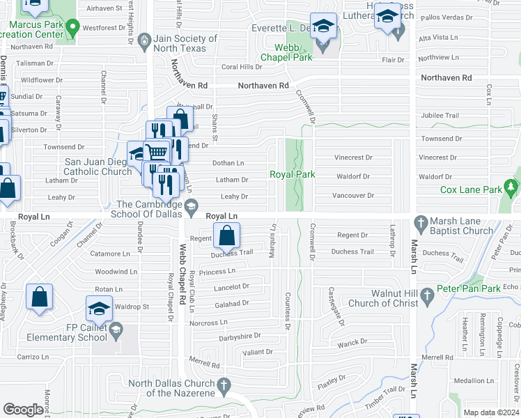 map of restaurants, bars, coffee shops, grocery stores, and more near 3347 Royal Lane in Dallas