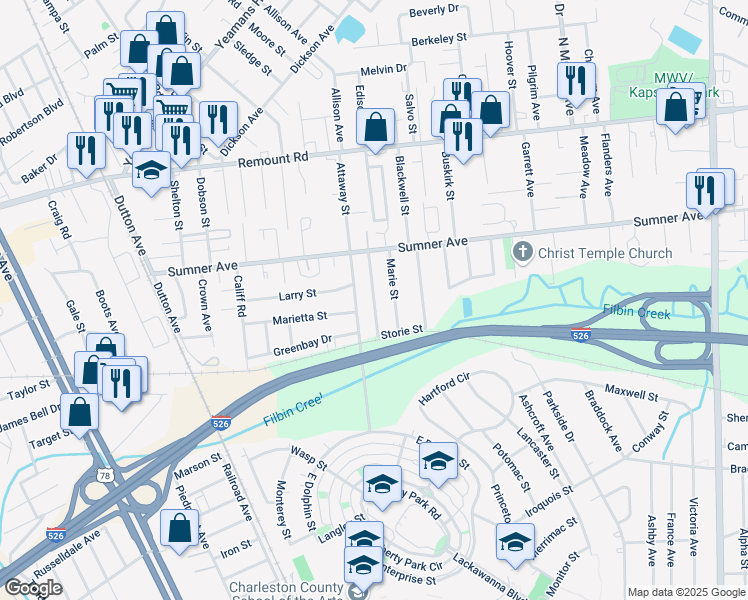 map of restaurants, bars, coffee shops, grocery stores, and more near 5421 Marie Street in North Charleston
