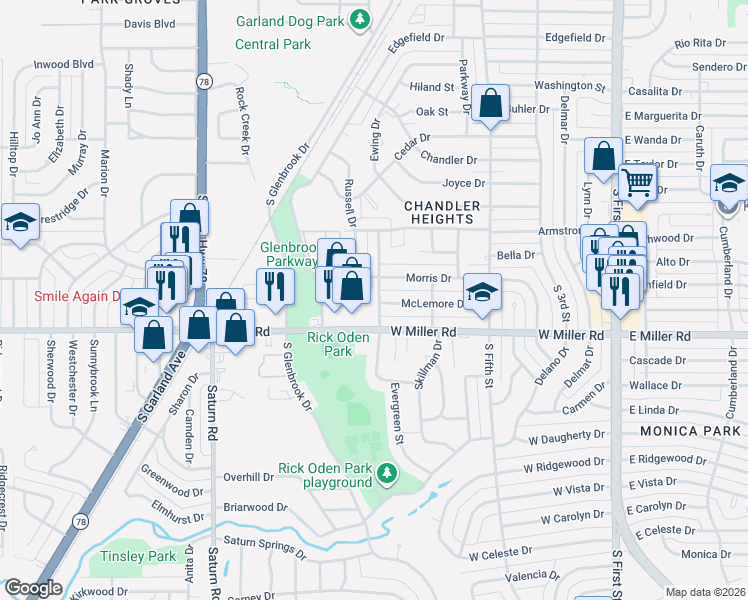 map of restaurants, bars, coffee shops, grocery stores, and more near 815 West Miller Road in Garland