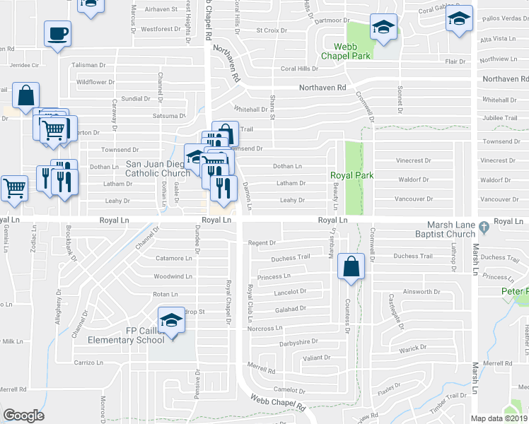 map of restaurants, bars, coffee shops, grocery stores, and more near 10723 Earlshire Drive in Dallas