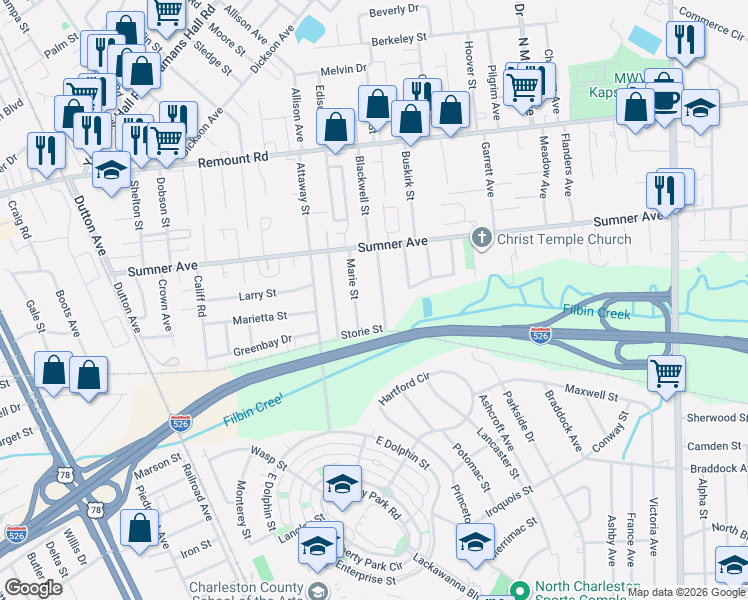 map of restaurants, bars, coffee shops, grocery stores, and more near 5422 Pennsylvania Avenue in North Charleston