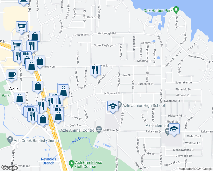 map of restaurants, bars, coffee shops, grocery stores, and more near 728 Poe Street in Azle
