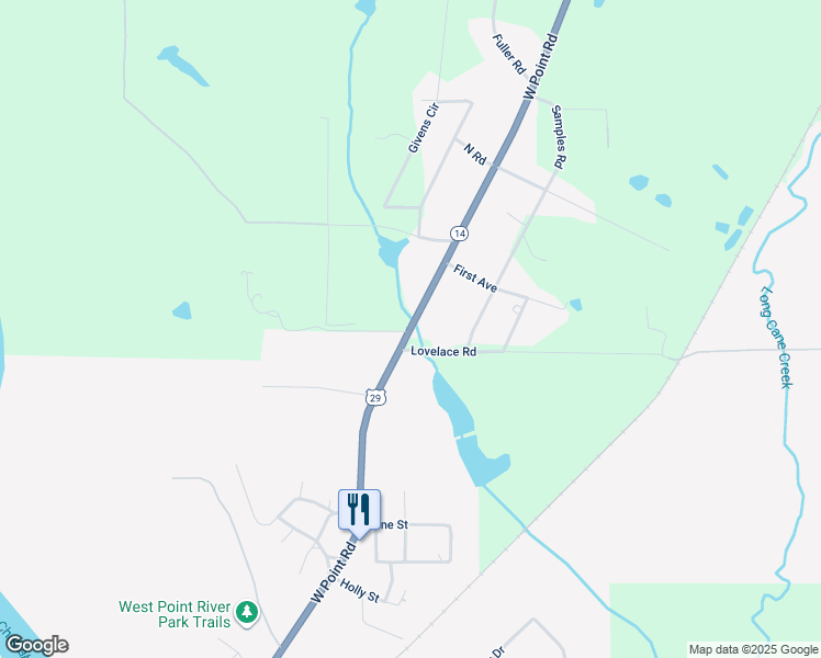 map of restaurants, bars, coffee shops, grocery stores, and more near U.S. 29 in West Point