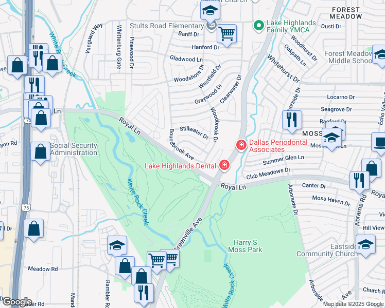 map of restaurants, bars, coffee shops, grocery stores, and more near 8739 Boundbrook Avenue in Dallas