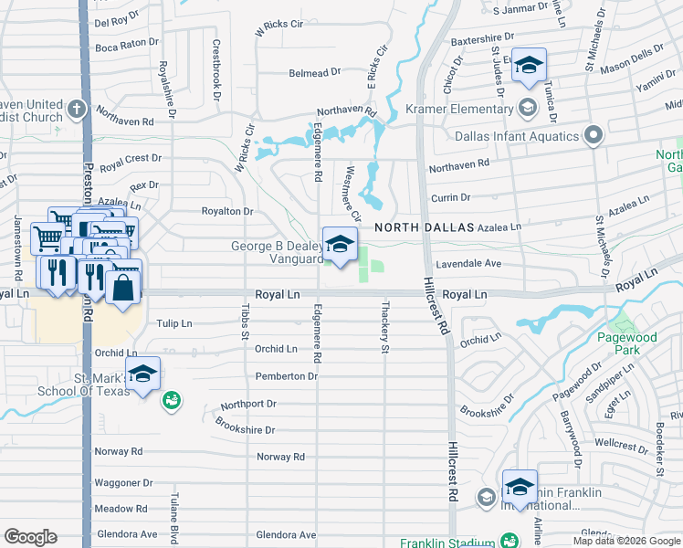 map of restaurants, bars, coffee shops, grocery stores, and more near 6501 Royal Lane in Dallas