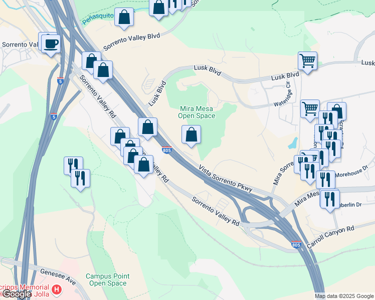 map of restaurants, bars, coffee shops, grocery stores, and more near 10251 Vista Sorrento Parkway in San Diego
