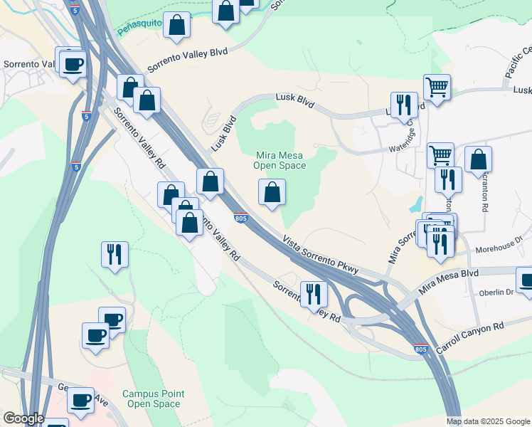 map of restaurants, bars, coffee shops, grocery stores, and more near 10251 Vista Sorrento Parkway in San Diego