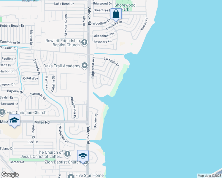 map of restaurants, bars, coffee shops, grocery stores, and more near 3714 Lakeside Drive in Rowlett