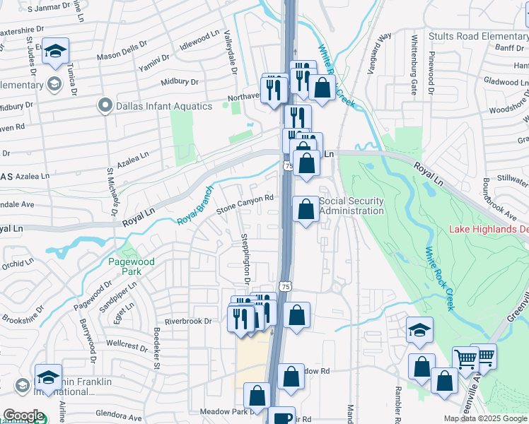 map of restaurants, bars, coffee shops, grocery stores, and more near 10816 Steppington Drive in Dallas
