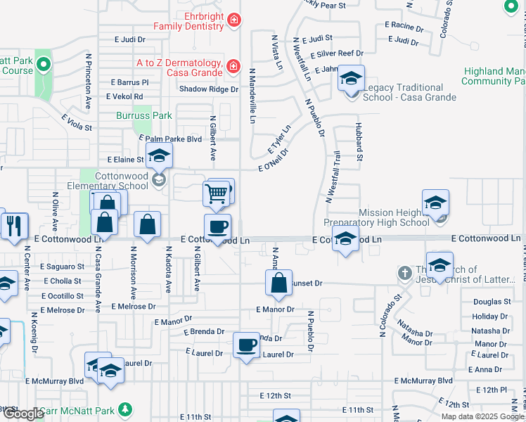 map of restaurants, bars, coffee shops, grocery stores, and more near 1632 North Trekell Road in Casa Grande