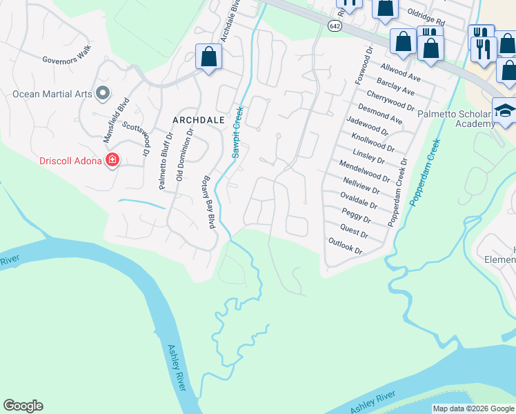map of restaurants, bars, coffee shops, grocery stores, and more near 7956 Weld Street in North Charleston