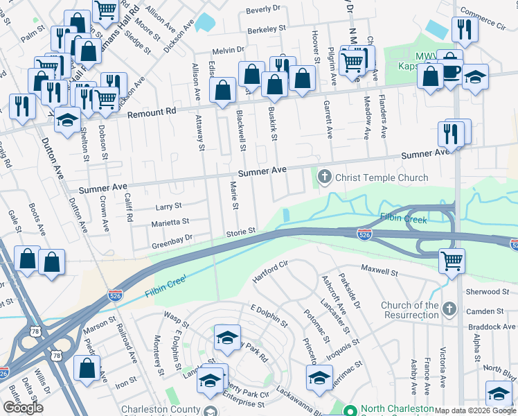 map of restaurants, bars, coffee shops, grocery stores, and more near 5434 Pennsylvania Avenue in North Charleston
