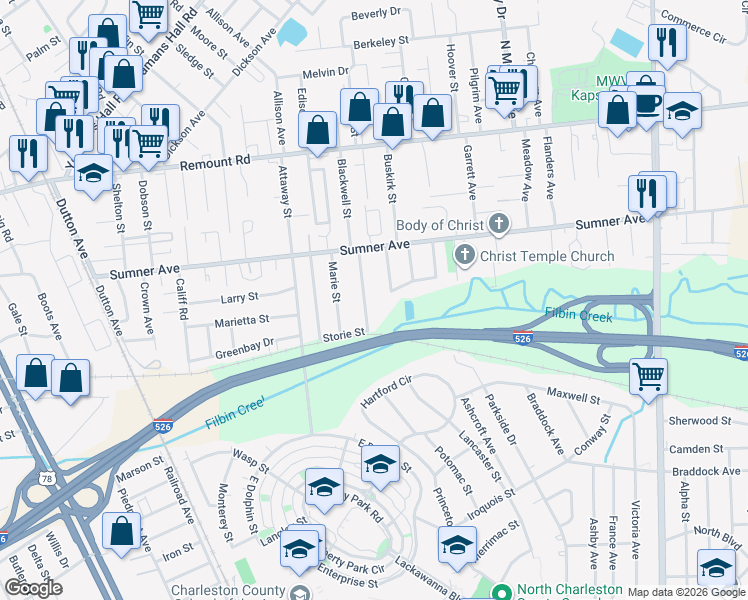 map of restaurants, bars, coffee shops, grocery stores, and more near 5422 Pennsylvania Avenue in North Charleston