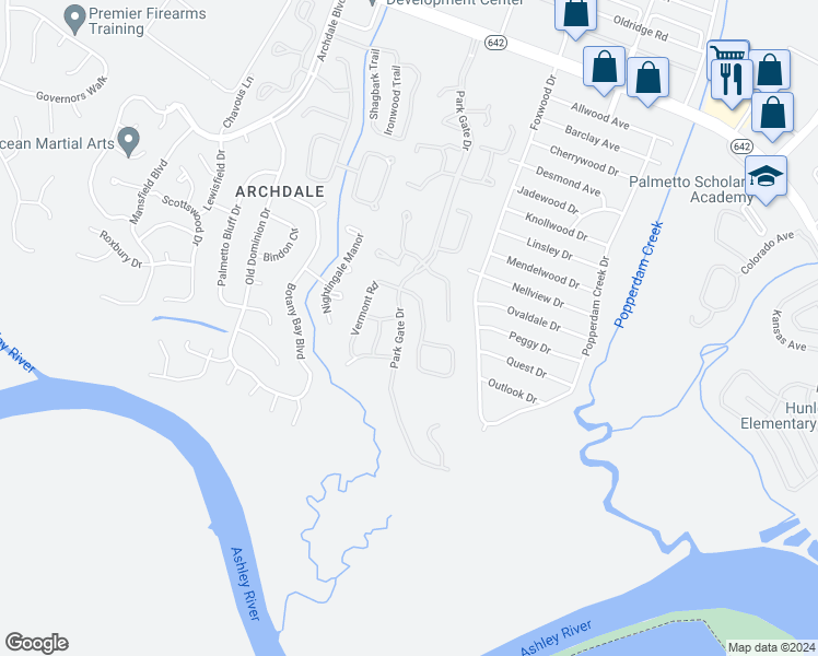 map of restaurants, bars, coffee shops, grocery stores, and more near 7866 Park Gate Drive in North Charleston