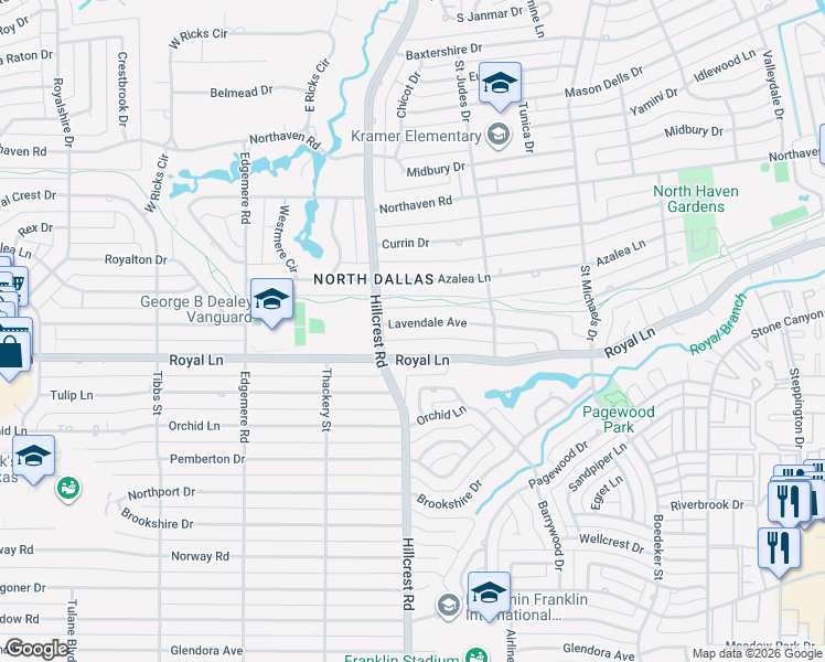 map of restaurants, bars, coffee shops, grocery stores, and more near 6947 Royal Lane in Dallas