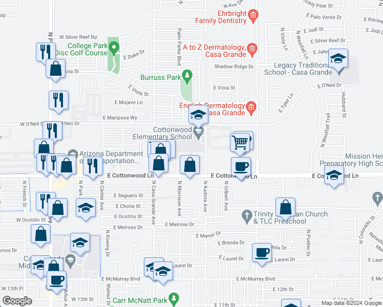 map of restaurants, bars, coffee shops, grocery stores, and more near 1641 North Kadota Avenue in Casa Grande