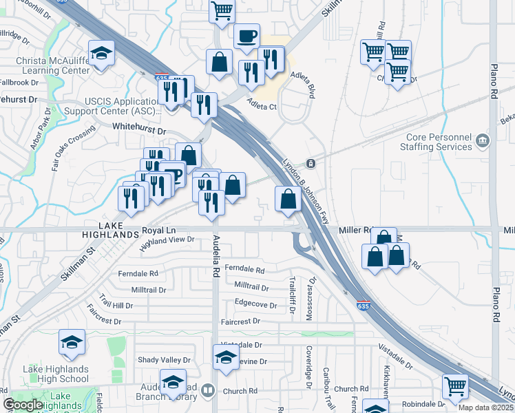 map of restaurants, bars, coffee shops, grocery stores, and more near 10075 Royal Lane in Dallas